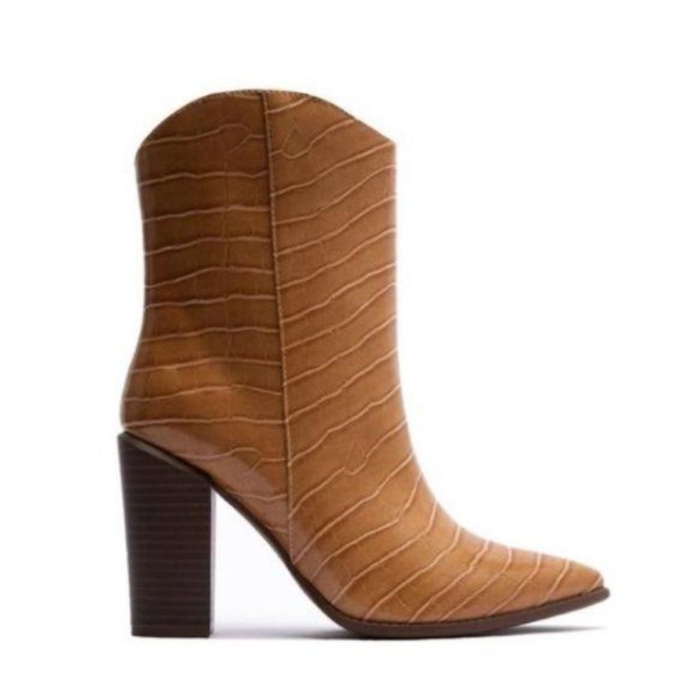 Tan Pull On Heeled Booties - Picture 3 of 5